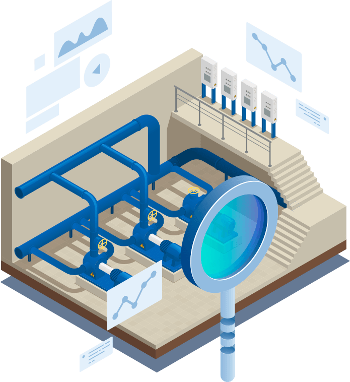 Tubulação rodeada de gráficos e uma lupa